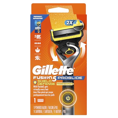 Gillette Fusion5 ProGlide Shield Shaving Razor for Men, 1 Power Razor Handle, 1 Refill, 2x Lubrication, Battery-Powered with FlexBall Handle and Precision Trimmer for Men