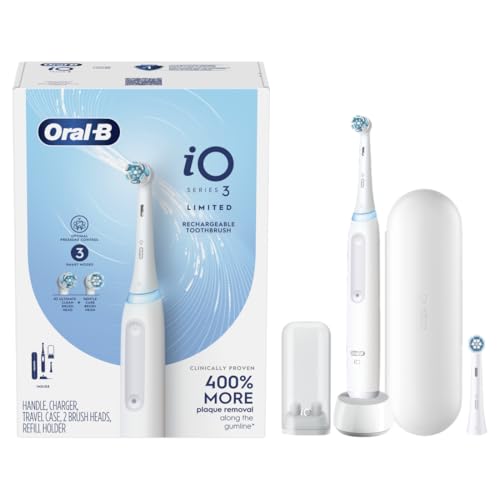 Oral-B iO Deep Clean Rechargeable Electric Powered Toothbrush, White with iO Series 3 Limited, 2 Brush Heads and Travel Case - Pressure Sensor to Protect Gums - 3 Cleaning Settings - 2 Minute Timer