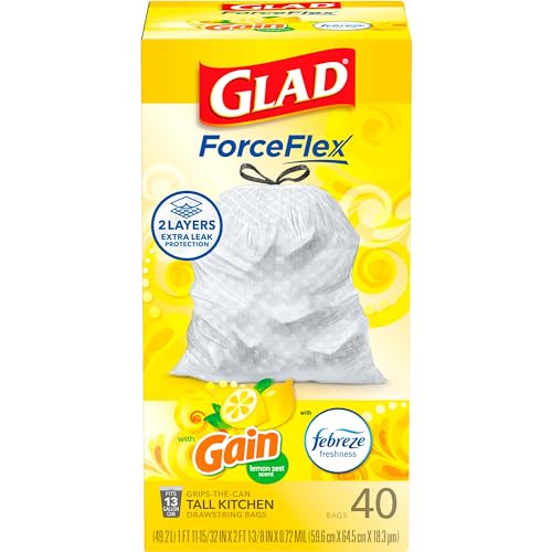Glad ForceFlex Tall Kitchen Drawstring Trash Bags, 13 Gal, Gain Lemon Zest, 40 Ct (Package May Vary)
