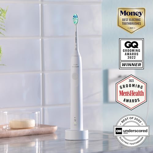 Philips Sonicare 4100 Rechargeable Electric Toothbrush, with Pressure Sensor, 2 Intensity Settings, SmarTimer and QuadPacer, 14-Day Battery Life, White, Model HX3681/23