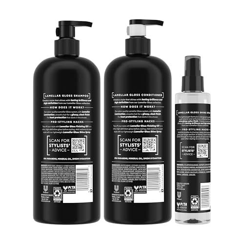 TRESemmé Lamellar Gloss Shampoo, Conditioner and Shine Spray for Brilliant Gloss & Sleek Finish Ultimate Shine with Heat Protection, 3 pack
