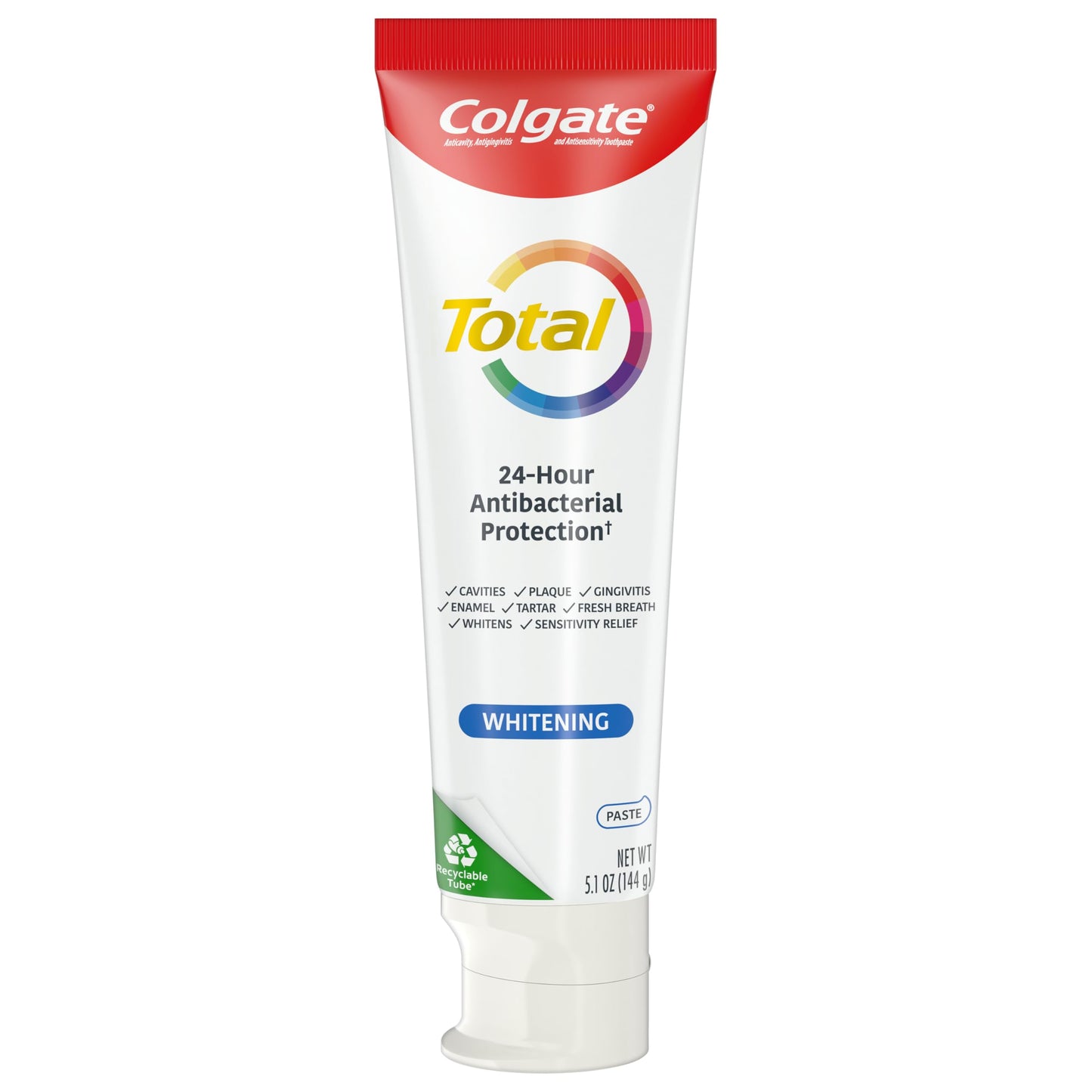 Colgate Total Whitening Toothpaste with Fluoride, 10 Benefits Including Sensitivity Relief and Stain Removal, Mint, 5.1 ounces (4 Pack)