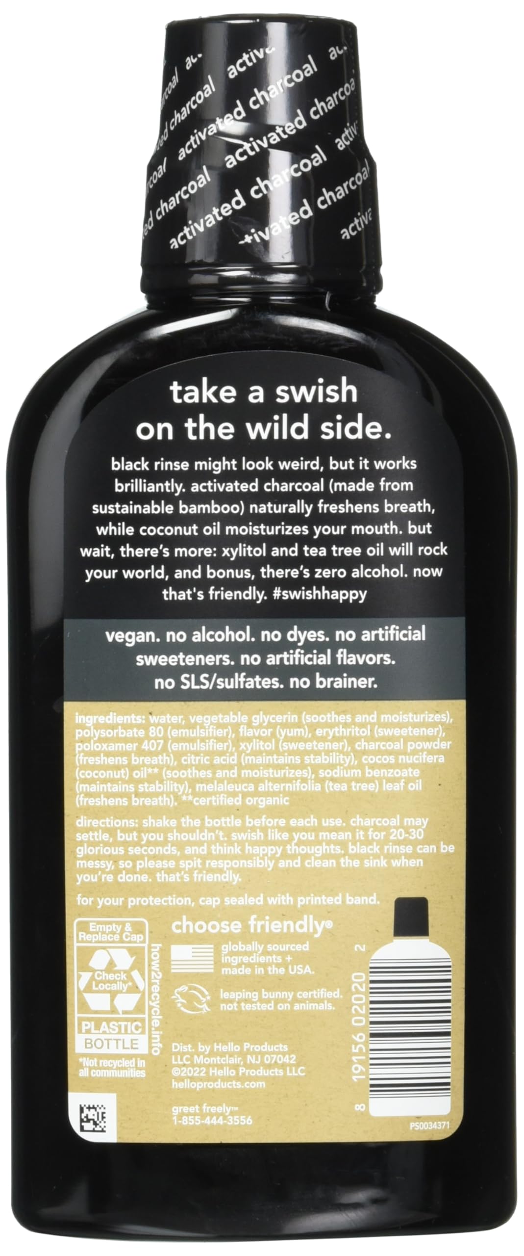 Hello Activated Charcoal Extra Freshening Mouthwash, Natural Fresh Mint and Coconut Oil, Fluoride Free, Alcohol Free, Vegan, SLS Free and Gluten Free, 16 Fl Oz (Pack of 3)