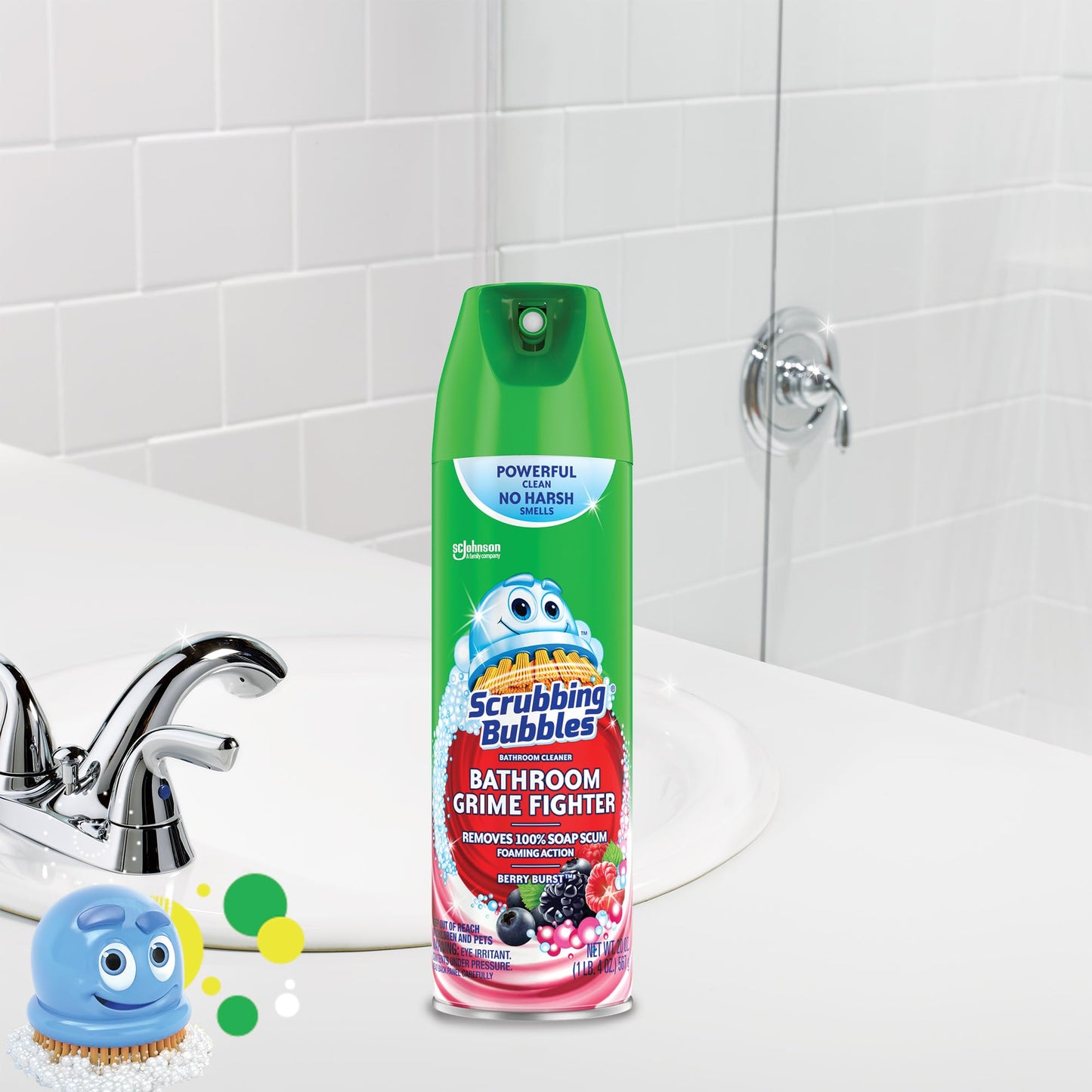 Scrubbing Bubbles Bathroom and Shower Cleaner Aerosol, Foaming Action Bathroom Grime Fighter Removing Soap Scum, Berry Burst Scent, 20oz