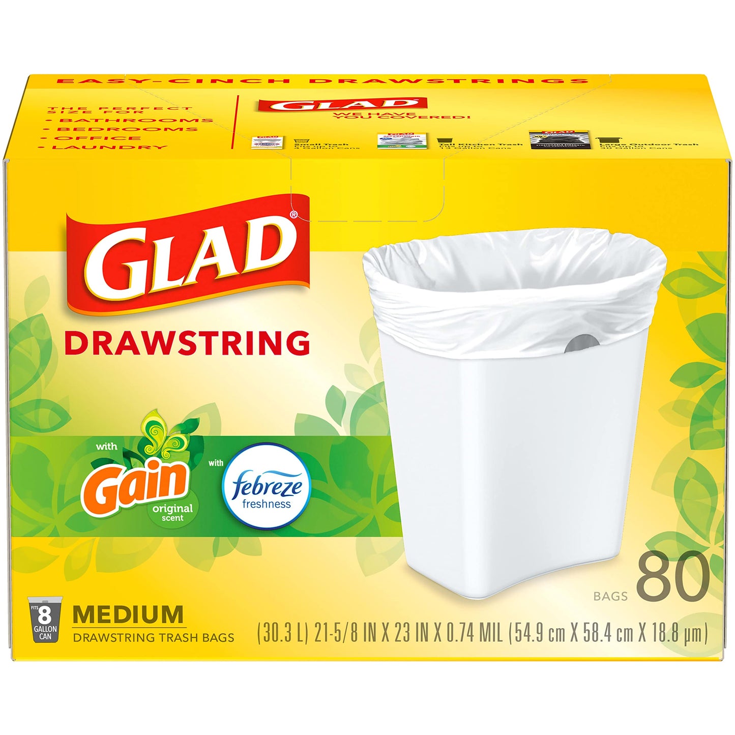 Glad Medium Drawstring Trash Bags, 8 Gal, Gain Original with Febreze, 80 Ct (Package May Vary)