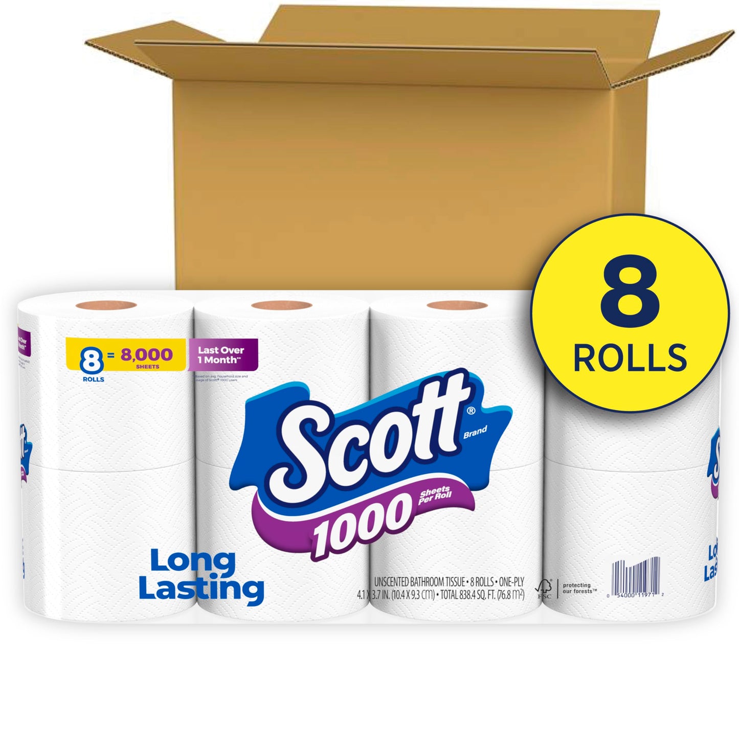 Scott 1000 Toilet Paper, 8 Rolls, Septic-Safe, 1-Ply Toilet Tissue