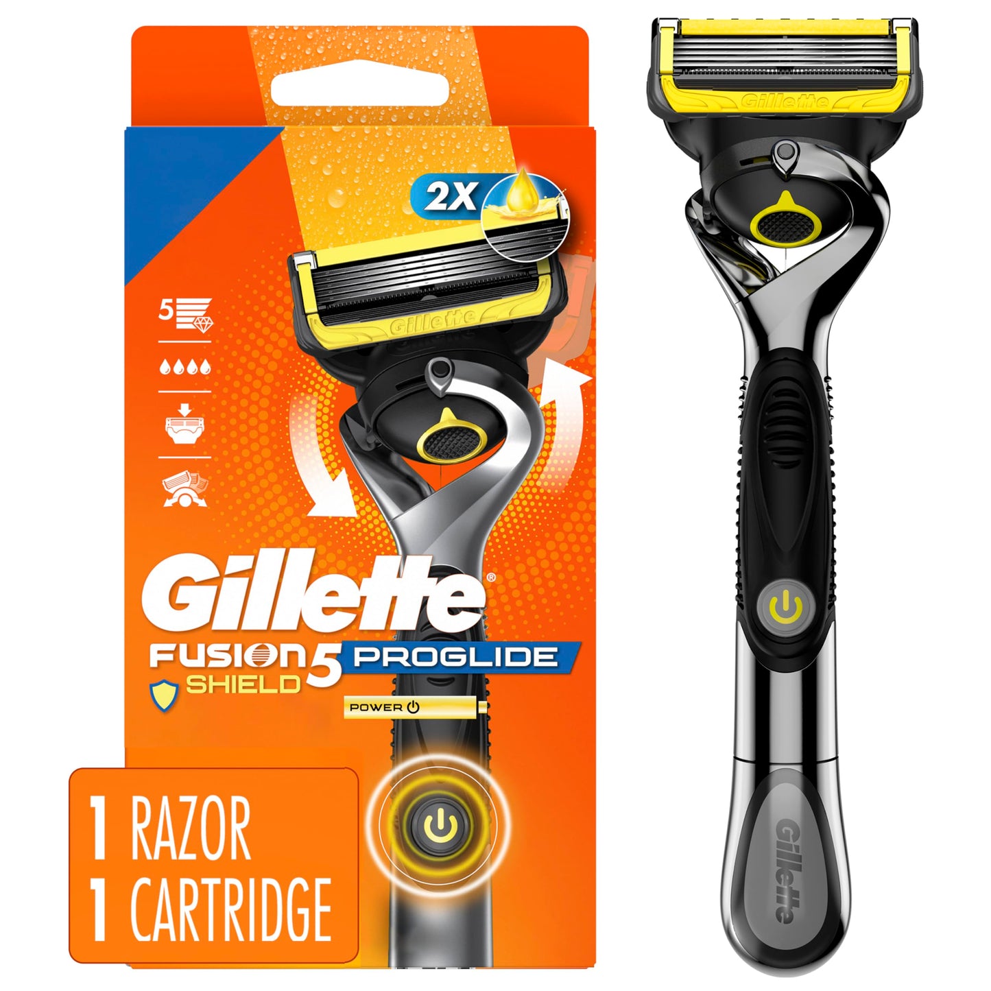 Gillette Fusion5 ProGlide Shield Shaving Razor for Men, 1 Power Razor Handle, 1 Refill, 2x Lubrication, Battery-Powered with FlexBall Handle and Precision Trimmer for Men