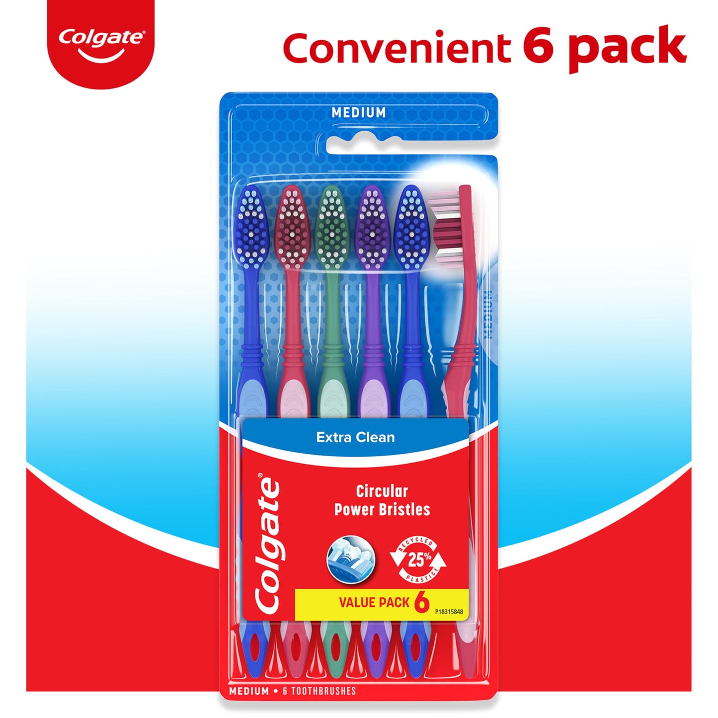 Colgate Extra Clean Toothbrush, Medium Bulk Toothbrush Pack, Adult Medium Bristle Toothbrushes with Ergonomic Handle and Circular Cleaning Bristles, Helps Remove Surface Stains, 6 Pack