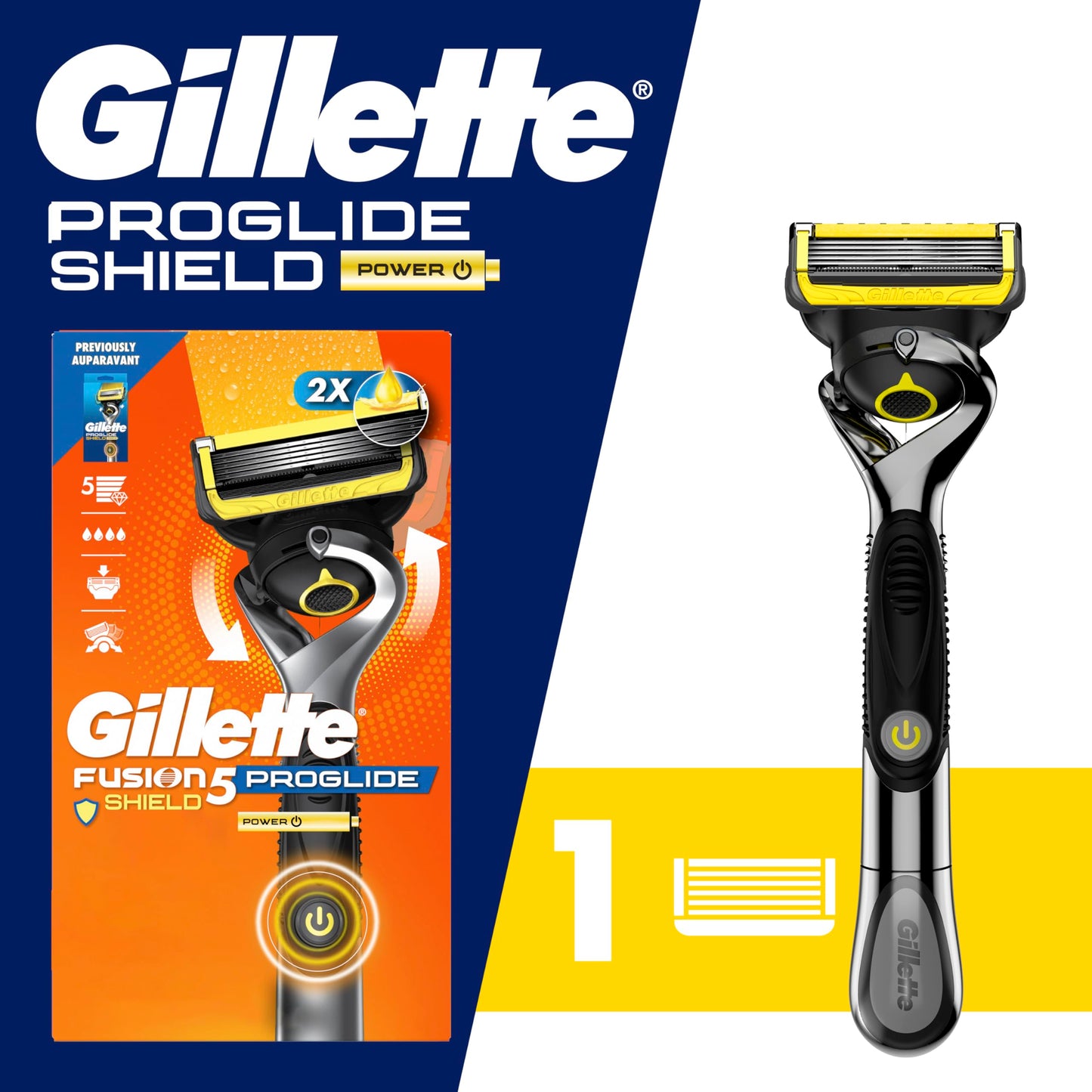 Gillette Fusion5 ProGlide Shield Shaving Razor for Men, 1 Power Razor Handle, 1 Refill, 2x Lubrication, Battery-Powered with FlexBall Handle and Precision Trimmer for Men