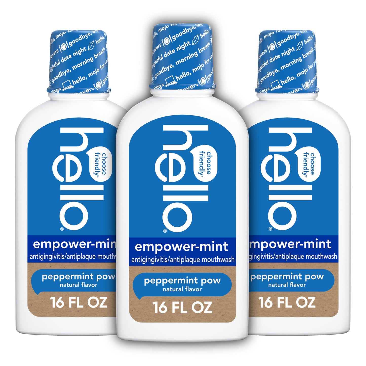 hello Empower-Mint Fluoride Free and Alcohol Free Mouthwash, Non Alcoholic Mint Mouthwash Pack, Peppermint Pow, 3 Pack, 16 Fl Oz Bottles