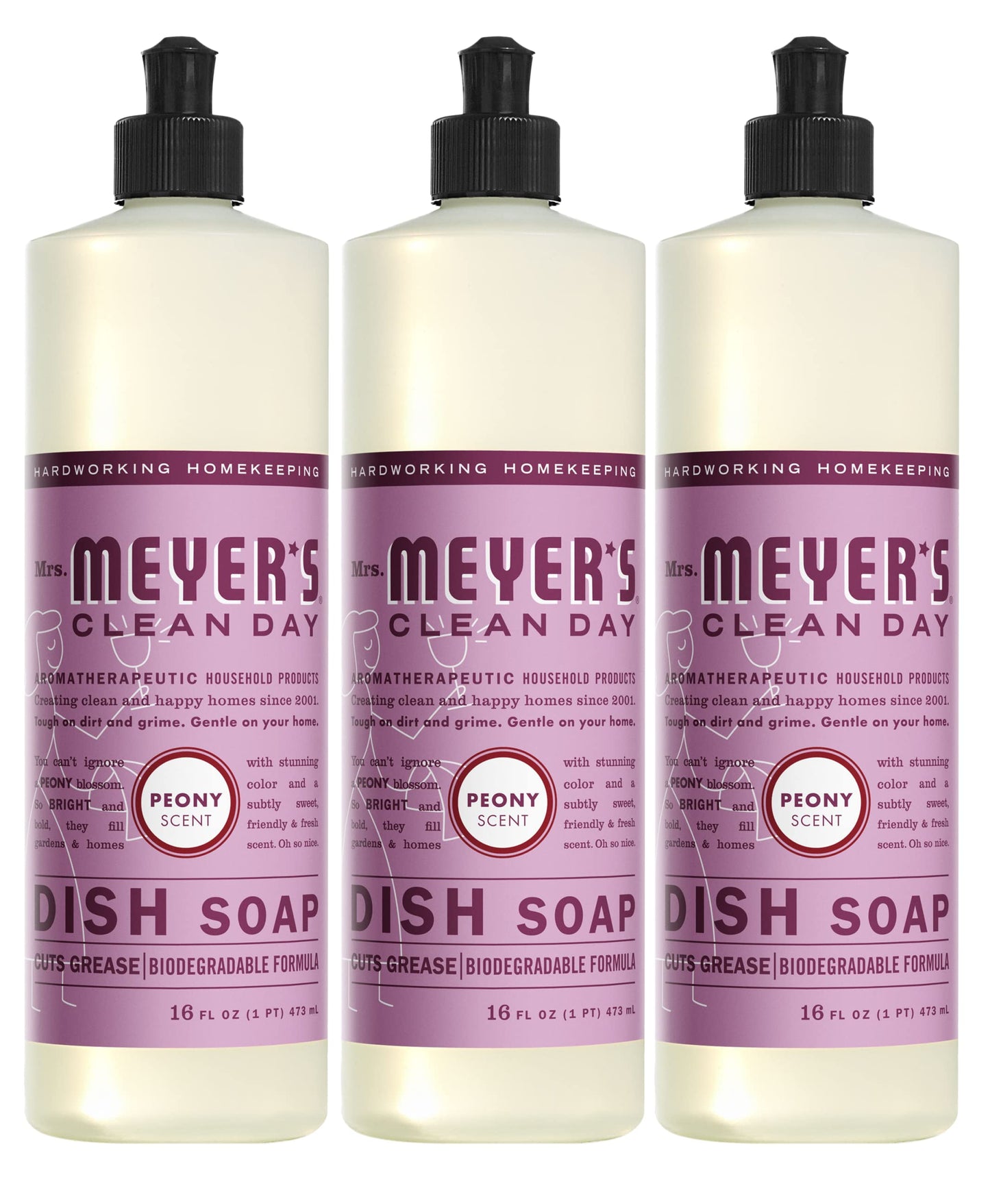 MRS. MEYER'S CLEAN DAY Liquid Dish Soap, Biodegradable Formula, Peony, 16 Fl. Oz - Pack of 3