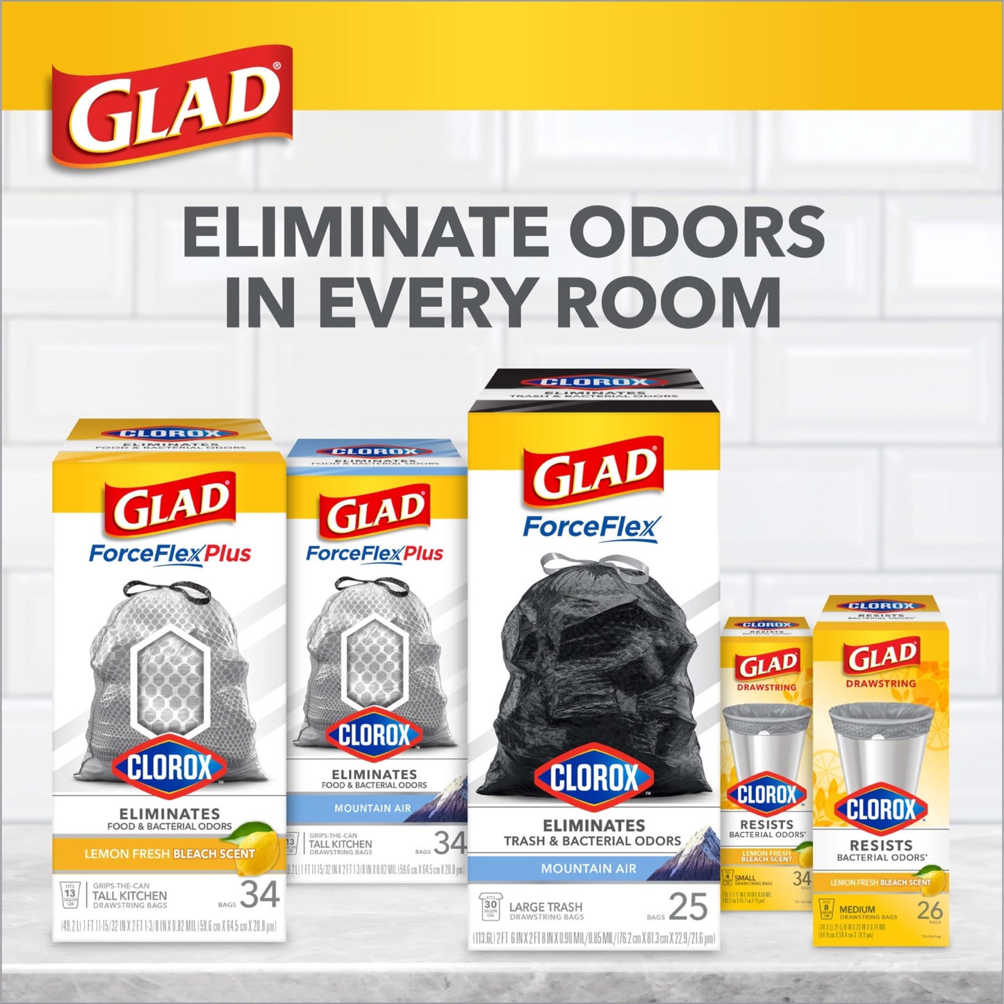 Glad Medium Drawstring Trash Bags with Clorox, 8 Gal, Lemon Fresh Bleach, 80 Ct (Package May Vary)