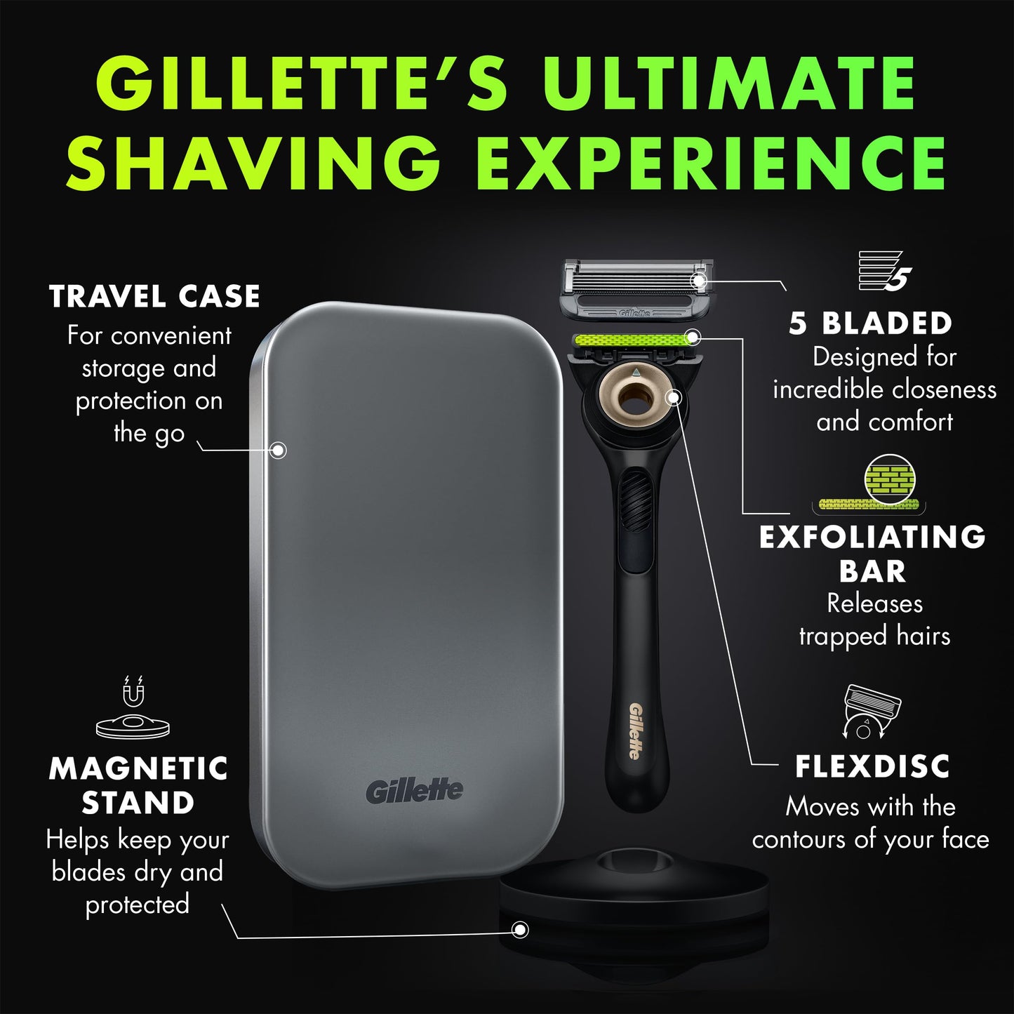 GilletteLabs with Exfoliating Bar by Gillette Mens Razor, 5 Bladed Razor, Closeness and Comfort, Includes Travel Case and Razor Stand, Handle + 3 Blade Refills
