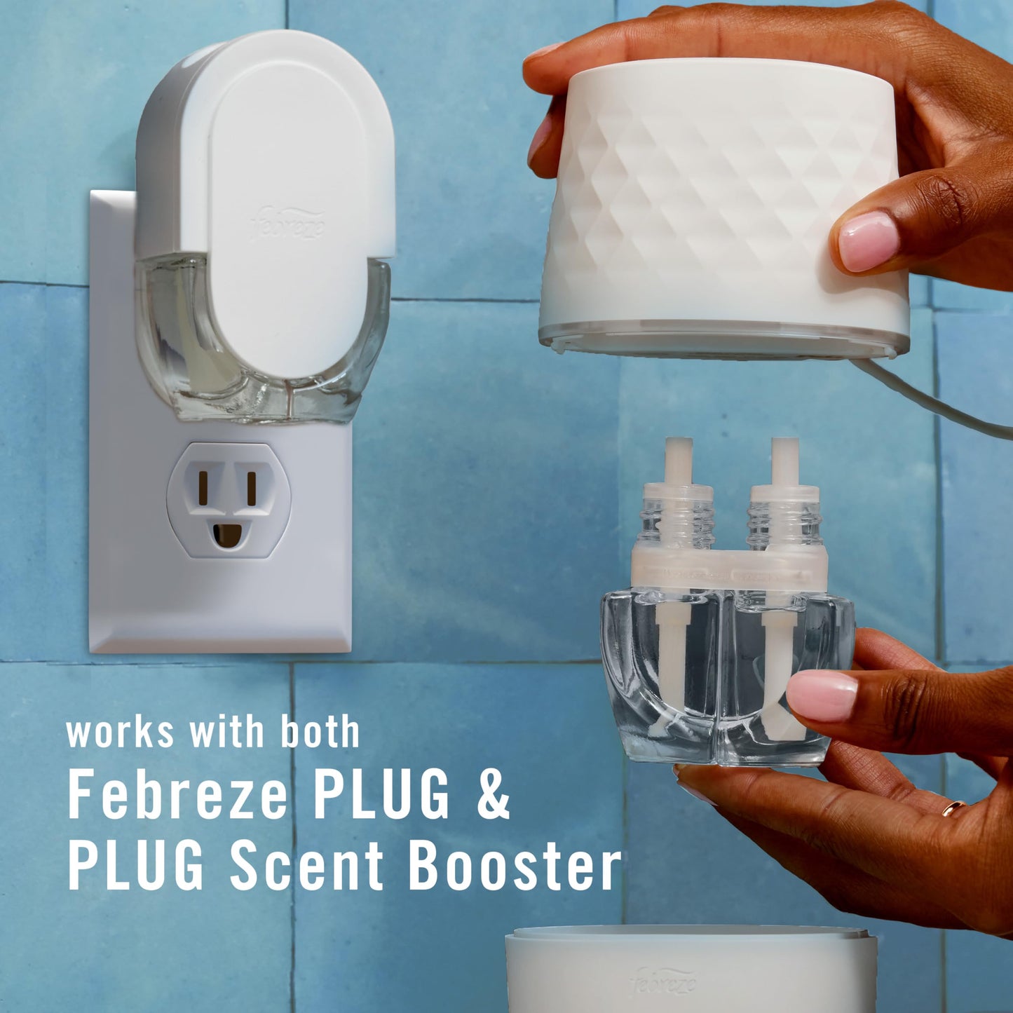 Febreze PLUG Scent Booster Starter Kit, Oil Diffuser, Air Freshener Plug In, Continuous Scent Device + 2 Gain Original Refills