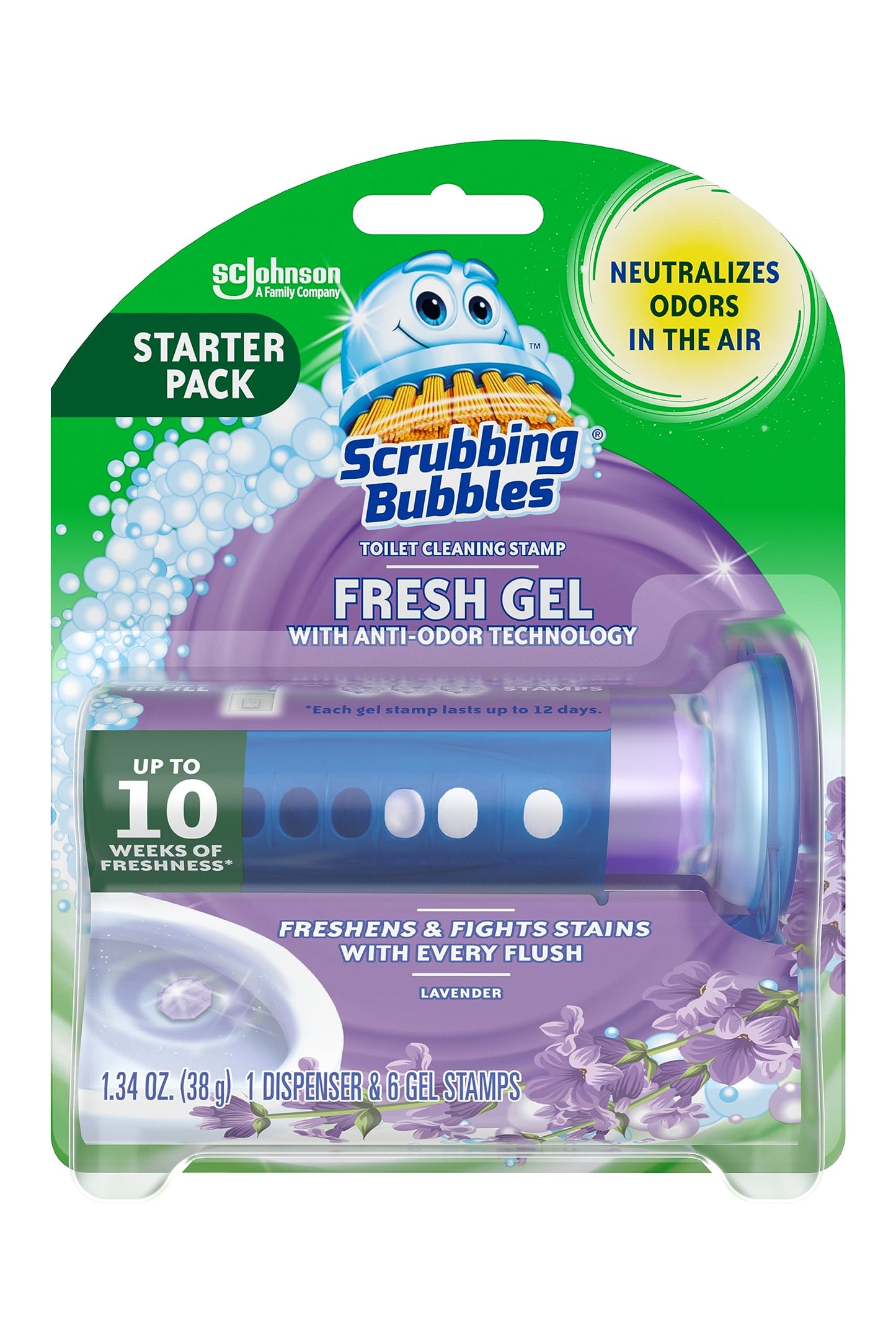 Scrubbing Bubbles Fresh Gel Toilet Bowl Cleaning Stamps, Helps Keep Toilet Clean and Helps Prevent Limescale & Rings, Lavender Scent, 1 Dispenser with 6 Fresh Gel Stamps