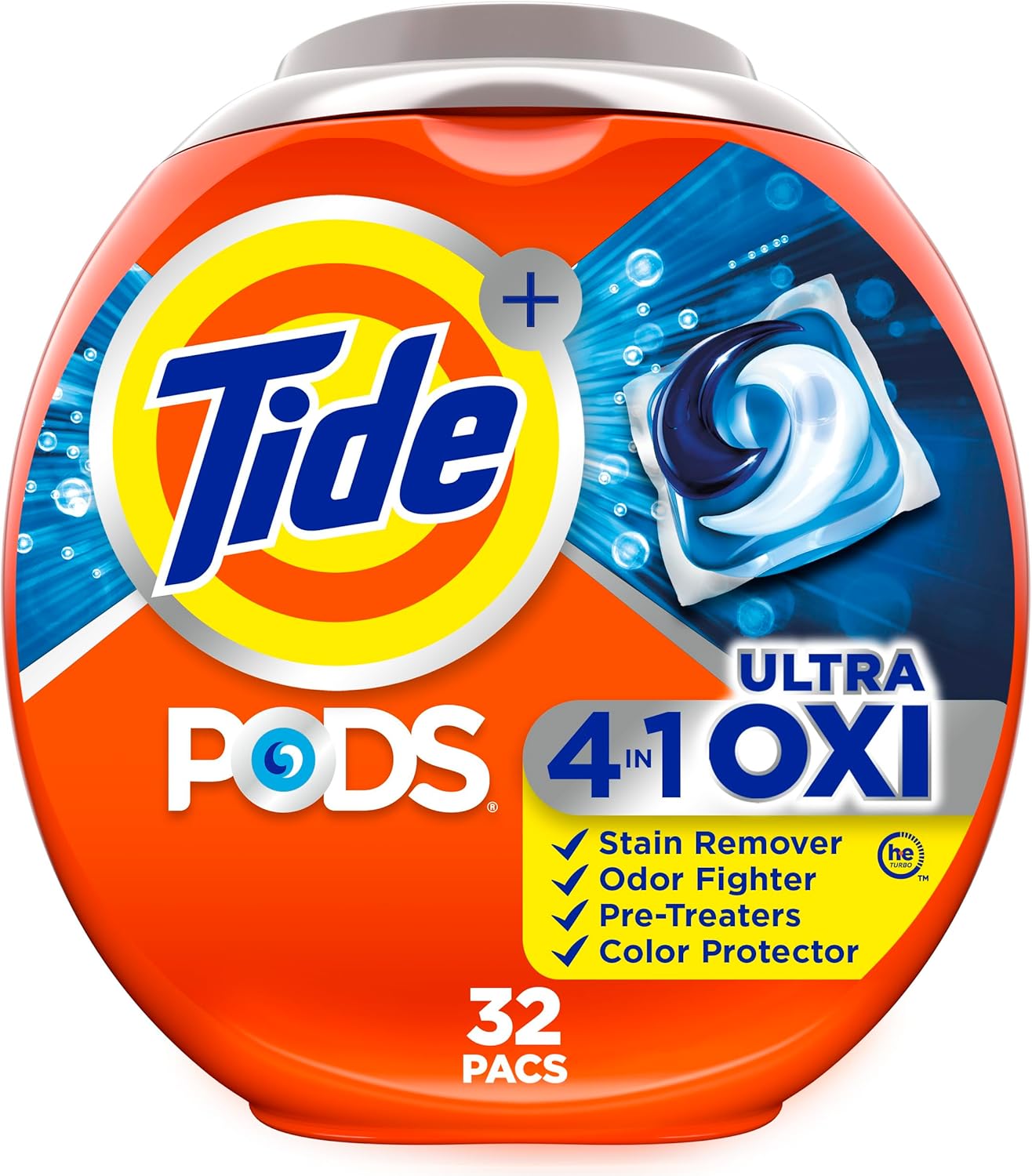 Tide 4-n-1 Ultra Oxi PODS Laundry Detergent Pacs, 32 Count, HE Compatible, Built in Pre-Treater for Stains