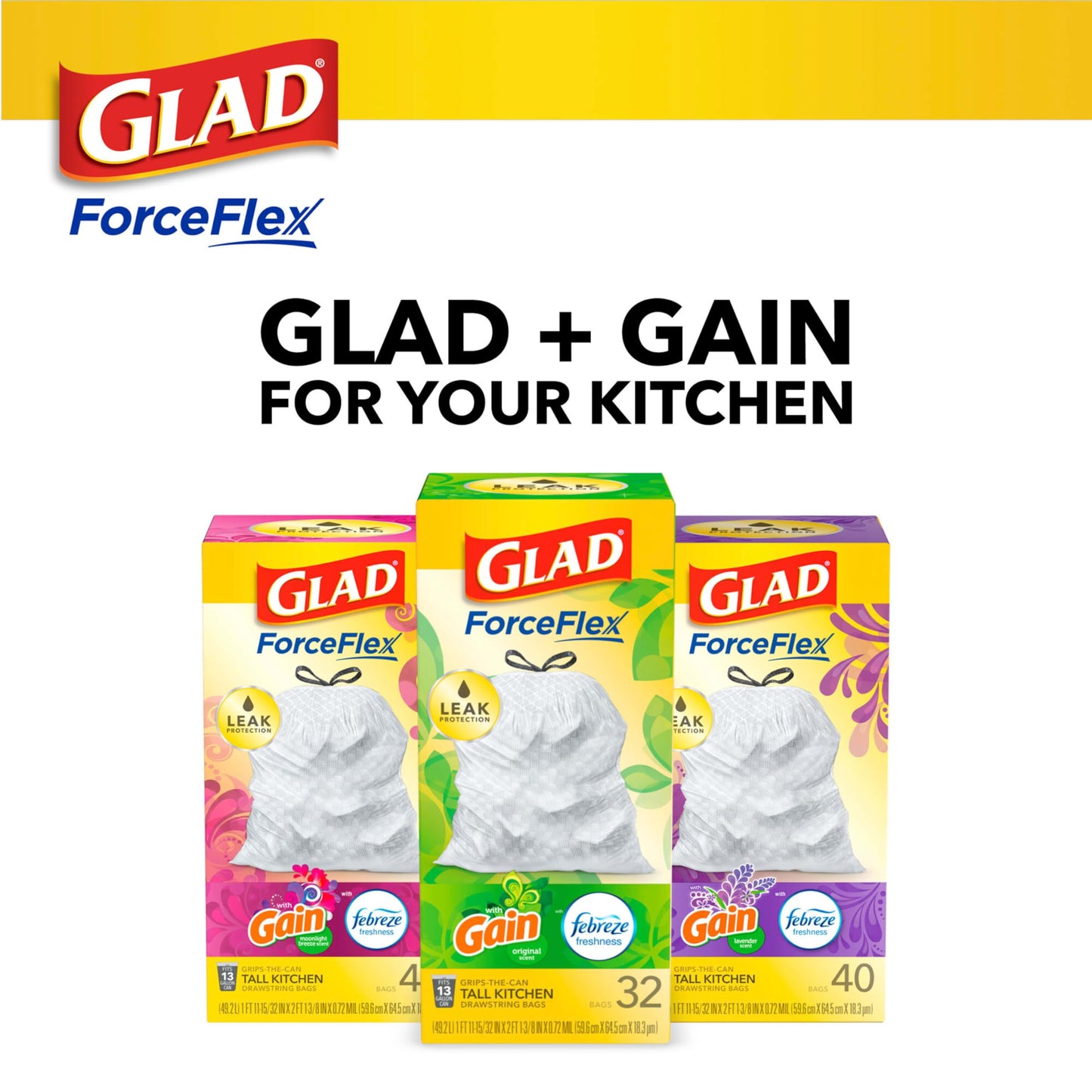Glad ForceFlex Tall Kitchen Drawstring Trash Bags, 13 Gal, Gain Lemon Zest, 40 Ct (Package May Vary)