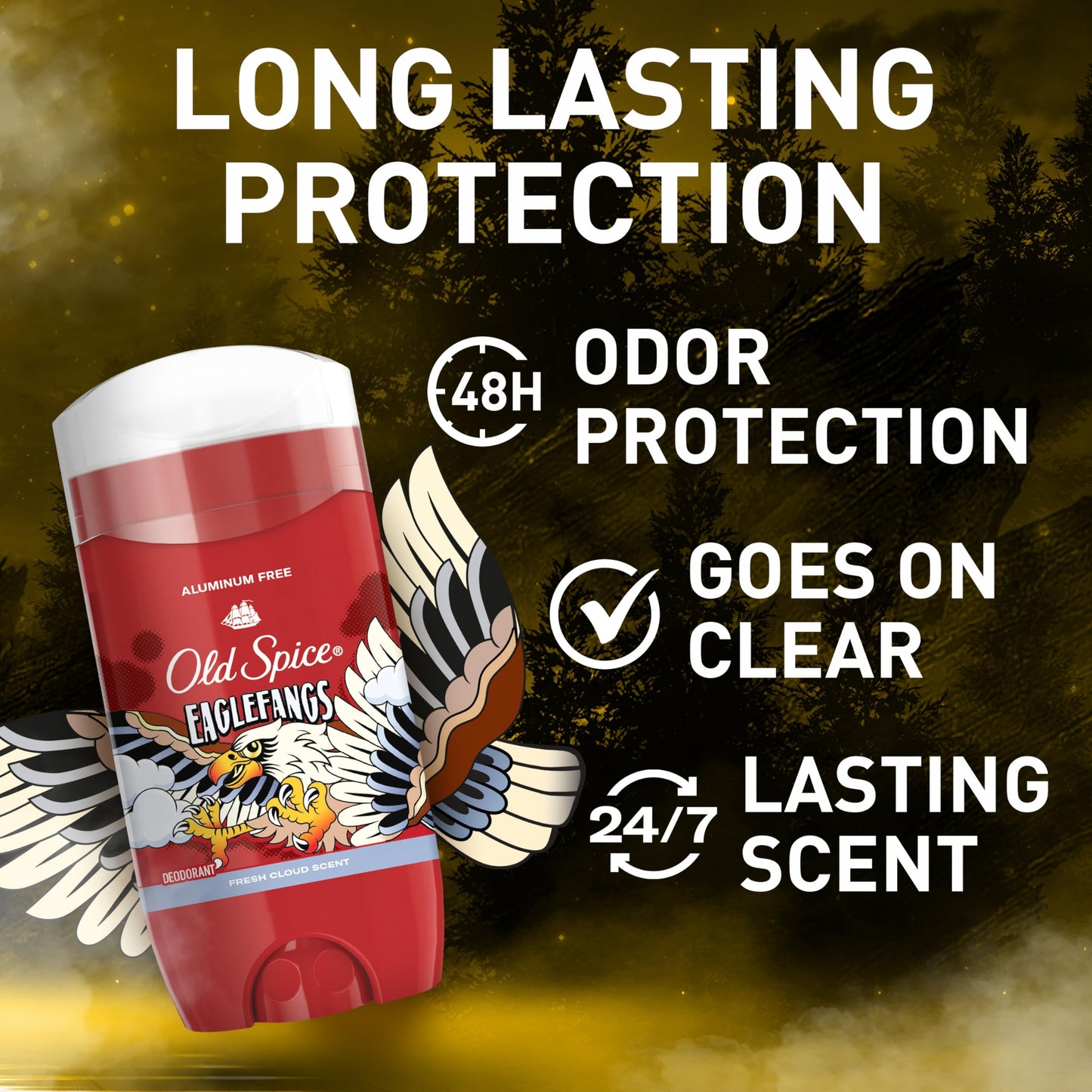 Old Spice Aluminum Free Deodorant for Men, 24/7 Odor Protection, 24/7 Freshness & Lasting Scent, Goes on Clear, Eaglefangs with Fresh Cloud Scent, 3.0 oz (Pack of 3)