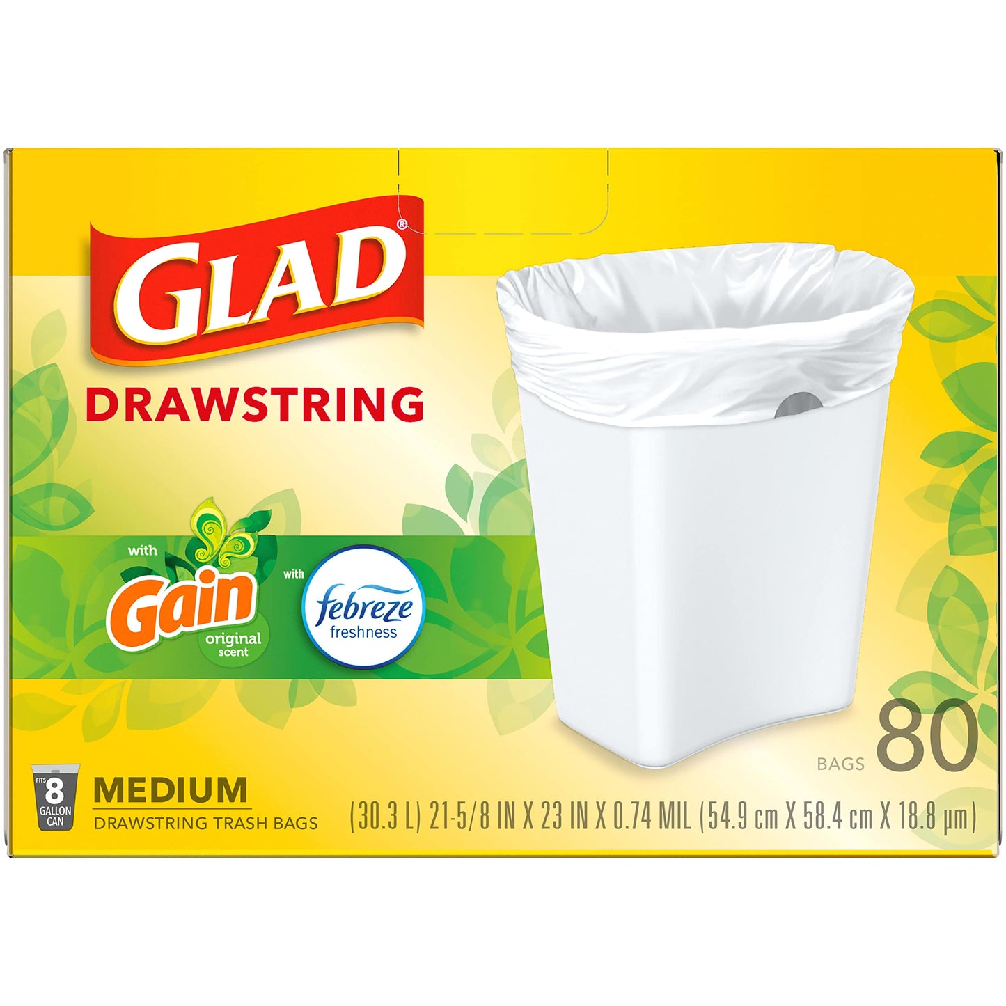 Glad Medium Drawstring Trash Bags, 8 Gal, Gain Original with Febreze, 80 Ct (Package May Vary)
