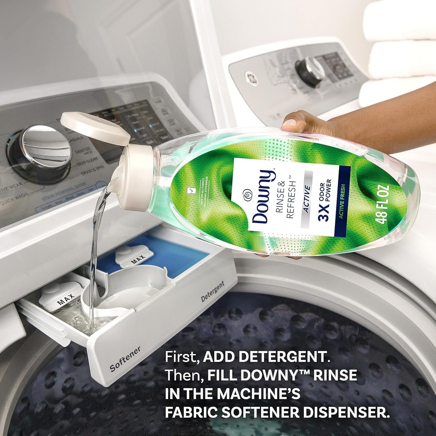 Downy RINSE & REFRESH Laundry Odor Remover and Fabric Softener for Activewear, Active Fresh Scent, 48 oz