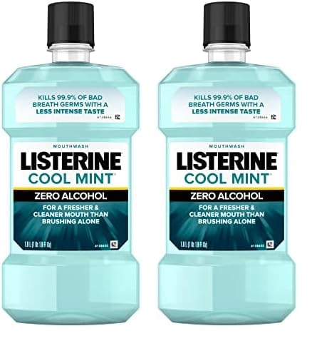 Listerine Zero Alcohol Mouthwash, Alcohol-Free Oral Rinse to Kill 99% of Germs That Cause Bad Breath for Fresh Breath & Clean Mouth, Less Intense Taste, Cool Mint Flavor, 1 L (Pack of 2)