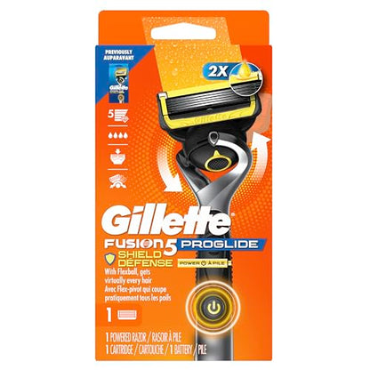 Gillette Fusion5 ProGlide Shield Shaving Razor for Men, 1 Power Razor Handle, 1 Refill, 2x Lubrication, Battery-Powered with FlexBall Handle and Precision Trimmer for Men