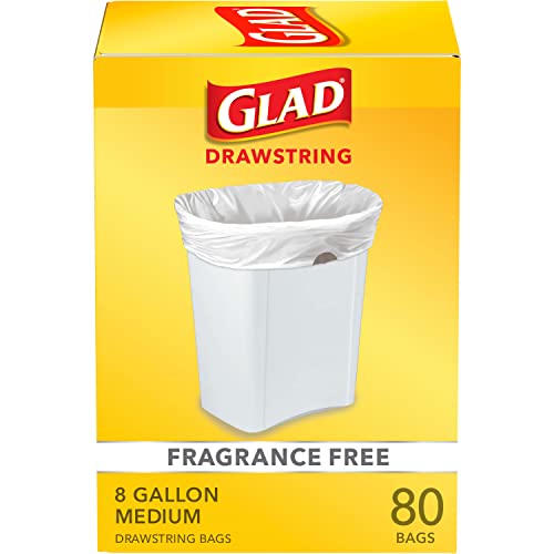 Glad Trash Bags, Medium Drawstring Garbage Bags, 8 Gallon, White, Fragrance Free, 80 Count, Pack May Vary