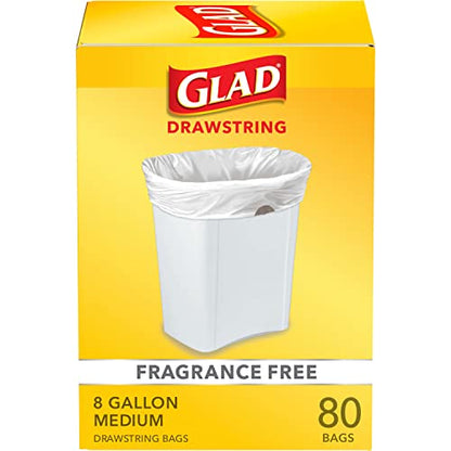 Glad Trash Bags, Medium Drawstring Garbage Bags, 8 Gallon, White, Fragrance Free, 80 Count, Pack May Vary