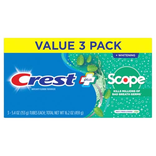 Crest + Scope Whitening Toothpaste - Pack of 3, 5.4 Oz Tubes - Anticavity Fluoride Toothpaste, Fresh Breath, Kills Germs - Tartar Protection, Enamel Protection - Minty Fresh Flavor