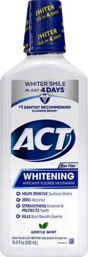 ACT Whitening + Anticavity Fluoride Mouthwash 16.9 fl. oz. with Zero Alcohol, Dye Free, Gentle Mint (Pack of 2)