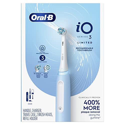 Oral-B iO Deep Clean Rechargeable Electric Powered Toothbrush, Icy Blue with iO Series 3 Limited, 2 Brush Heads and Travel Case - Pressure Sensor to Protect Gums - 3 Cleaning Settings - 2 Minute Timer