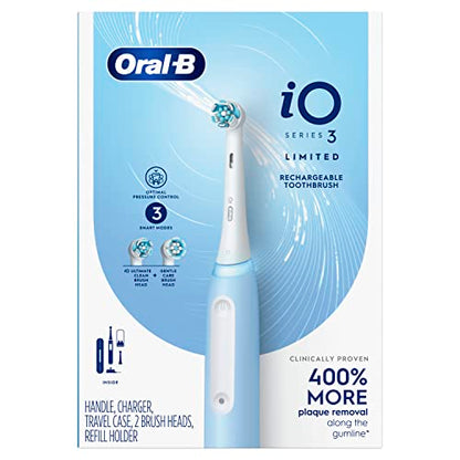 Oral-B iO Deep Clean Rechargeable Electric Powered Toothbrush, Icy Blue with iO Series 3 Limited, 2 Brush Heads and Travel Case - Pressure Sensor to Protect Gums - 3 Cleaning Settings - 2 Minute Timer