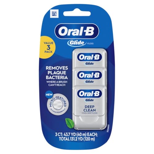 Oral-B Glide Dental Floss, Shred Resistant, Gentle on Gums, Natural Wax, Slides Smoothly, Deep Clean Cool Mint Flavor, 40 M, 3 Count