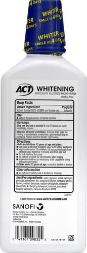 ACT Whitening + Anticavity Fluoride Mouthwash 16.9 fl. oz. with Zero Alcohol, Dye Free, Gentle Mint (Pack of 2)