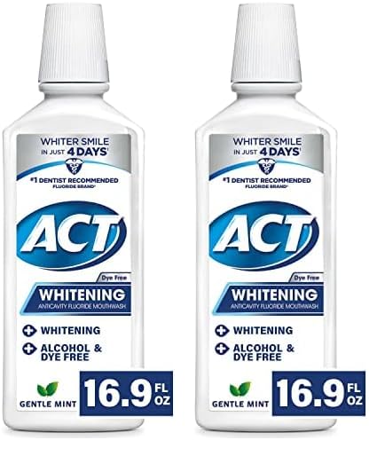 ACT Whitening + Anticavity Fluoride Mouthwash 16.9 fl. oz. with Zero Alcohol, Dye Free, Gentle Mint (Pack of 2)