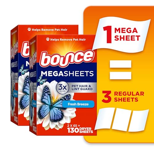 Bounce Mega Dryer Sheets, Fresh Breeze, 130 Count (Packaging May Vary)