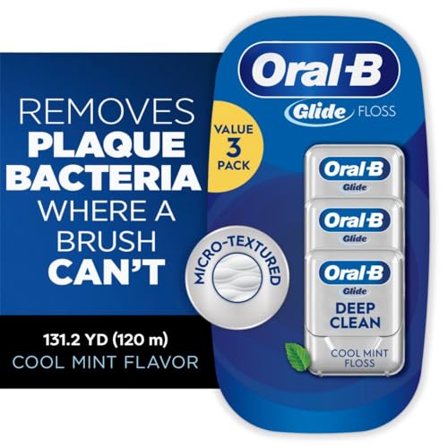 Oral-B Glide Dental Floss, Shred Resistant, Gentle on Gums, Natural Wax, Slides Smoothly, Deep Clean Cool Mint Flavor, 40 M, 3 Count