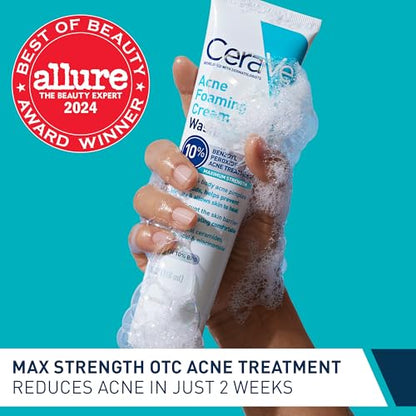 CeraVe Acne Foaming Cream Wash, Gentle Face and Body Cleanser with Benzoyl Peroxide 10%, Hyaluronic Acid, and Niacinamide, 10% Benzoyl Peroxide Treatment Clears Pimples and Blackheads 5 Oz
