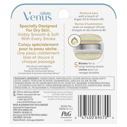 Venus MoistureGlide Women's Razor Blades, With Built-in Shave Gel Bars, 6 Razor Blade Refills