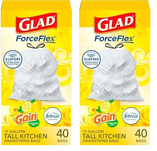 Glad ForceFlex Tall Kitchen Drawstring Trash Bags, 13 Gallon, Gain Lemon Zest, 40 Ct, Pack May Vary (Pack of 2)