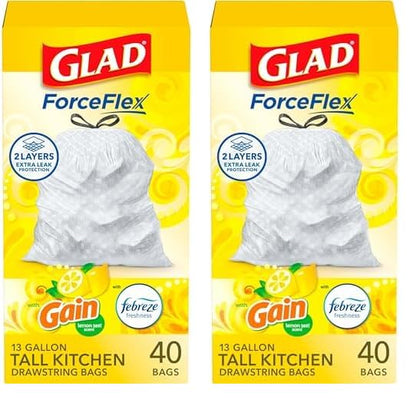 Glad ForceFlex Tall Kitchen Drawstring Trash Bags, 13 Gallon, Gain Lemon Zest, 40 Ct, Pack May Vary (Pack of 2)