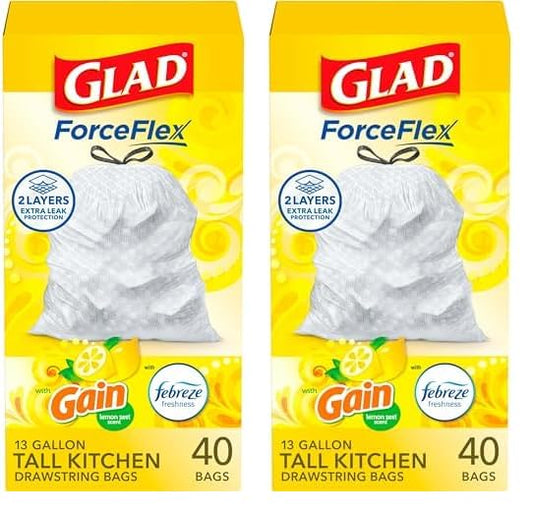 Glad ForceFlex Tall Kitchen Drawstring Trash Bags, 13 Gallon, Gain Lemon Zest, 40 Ct, Pack May Vary (Pack of 2)