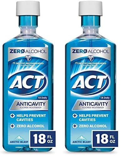 ACT Anticavity Zero Alcohol Fluoride Mouthwash 18 fl. oz., with Accurate Dosing Cup, Arctic Blast (Pack of 2)