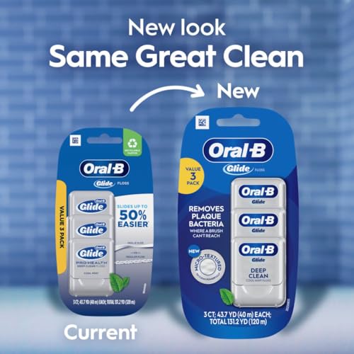 Oral-B Glide Dental Floss, Shred Resistant, Gentle on Gums, Natural Wax, Slides Smoothly, Deep Clean Cool Mint Flavor, 40 M, 3 Count