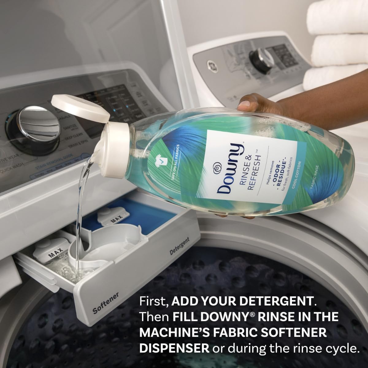 Downy Rinse & Refresh Laundry Odor Remover And Fabric Softener, Cool Cotton, 48 Fl Oz, HE Compatible Laundry Sanitizer, Safe On All Fabrics, Downy Fabric Softener, Liquid Fabric Softener