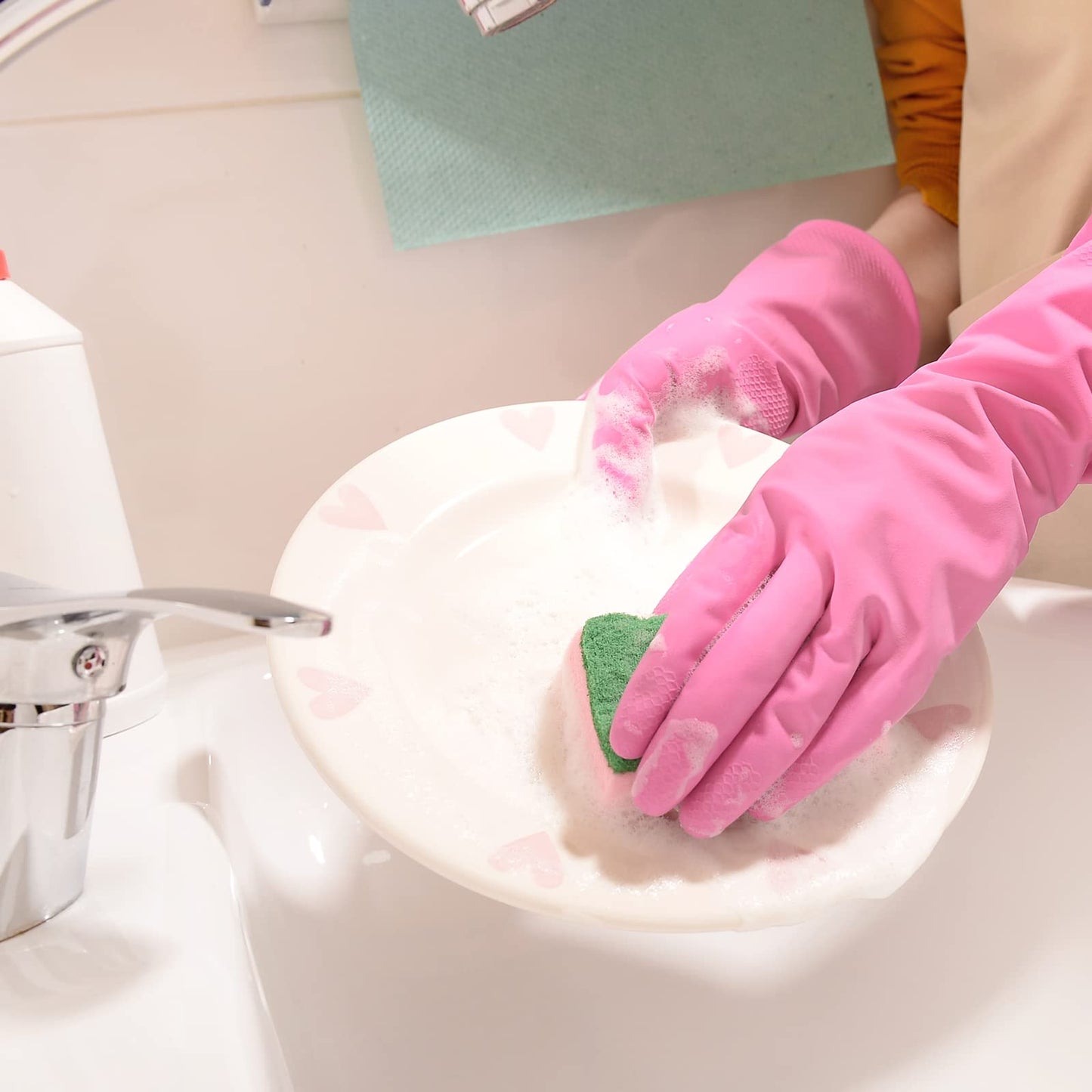 Rubber Kitchen Dishwashing Gloves - 4 Pairs Colorful Reusable Household Cleaning Gloves for Washing Dishes and Cleaning Tasks, Flexible Long-lasting and Non-Slip (Large, Blue+Pink+Yellow+Orange)