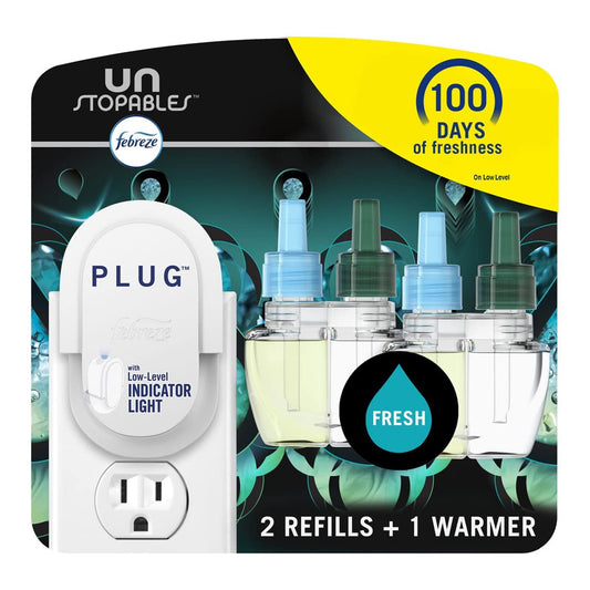 Febreze Plug In Air Freshener, Odor-Fighting Scented Oil Starter Kit, Air Fresheners for Home and Bathroom and Kitchen, Long Lasting for Strong Odors, UnStopables Fresh Scent, Warmer + 2 Refill