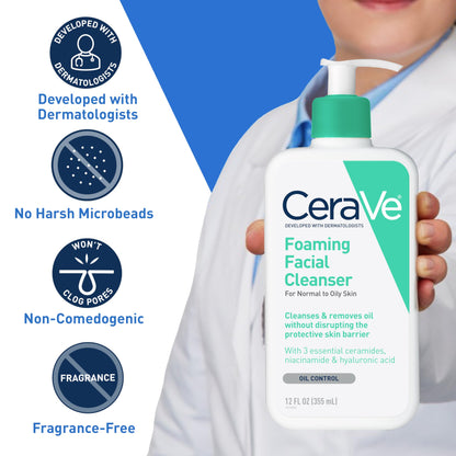 CeraVe Foaming Facial Cleanser, Daily Face Wash for Oily Skin, Hyaluronic Acid + Ceramides + Niacinamide, Fragrance Free & Paraben Free, Non-Drying Oil Control Face Wash, 8 Fluid Ounces