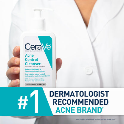 CeraVe Acne Control Cleanser, 2% Salicylic Acid Treatment Formulated With Niacinamide + Ceramides + Oil Absorbing Clay, Gentle Face Wash Helps Clear & Prevent Acne, Fragrance Free, 16 Ounce
