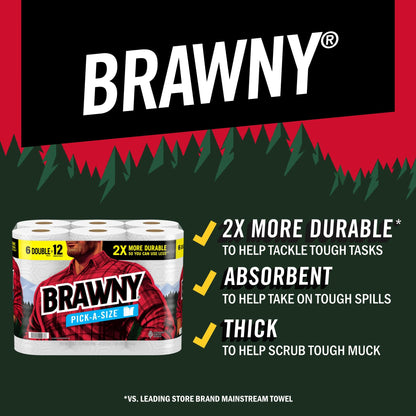 Brawny Pick-A-Size Paper Towels, 6 Double Rolls = 12 Regular Rolls, 2 Sheet Sizes (Half or Full), Strong Paper Towel For Everyday Use